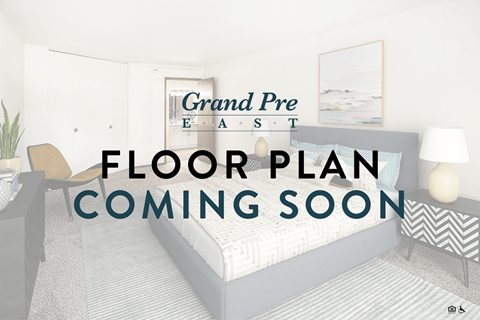 A bedroom with a bed, chair, and lamp, with a sign that says "Grand Pre East FLOOR PLAN COMING SOON".